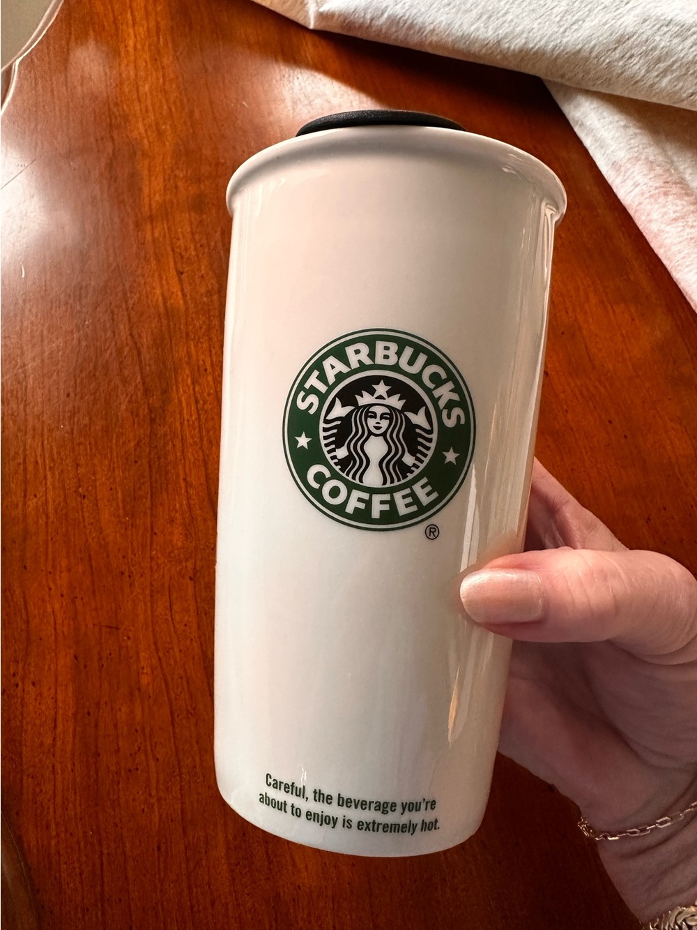 Starbucks White Ceramic Travel Mug with Green Logo